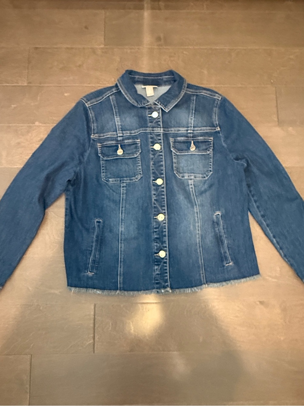 Chico's Dark Blue Denim Shirt Long Sleeve Raw Edge Jacket 12 Chicos 2